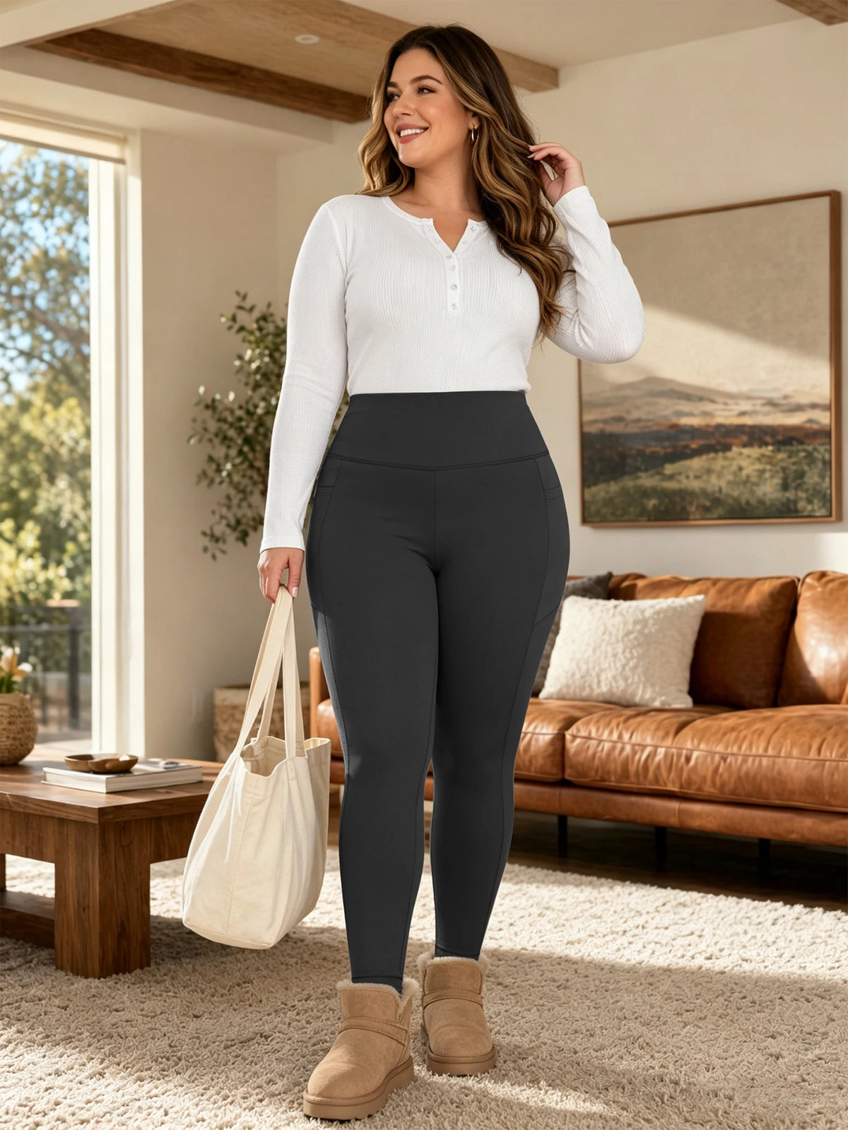 Plus Size Fleece Lined Leggings Women -Stretchy Large-5X Warm Winter Yoga Pants Thermal Leggings Winter Yoga Pants with Pockets