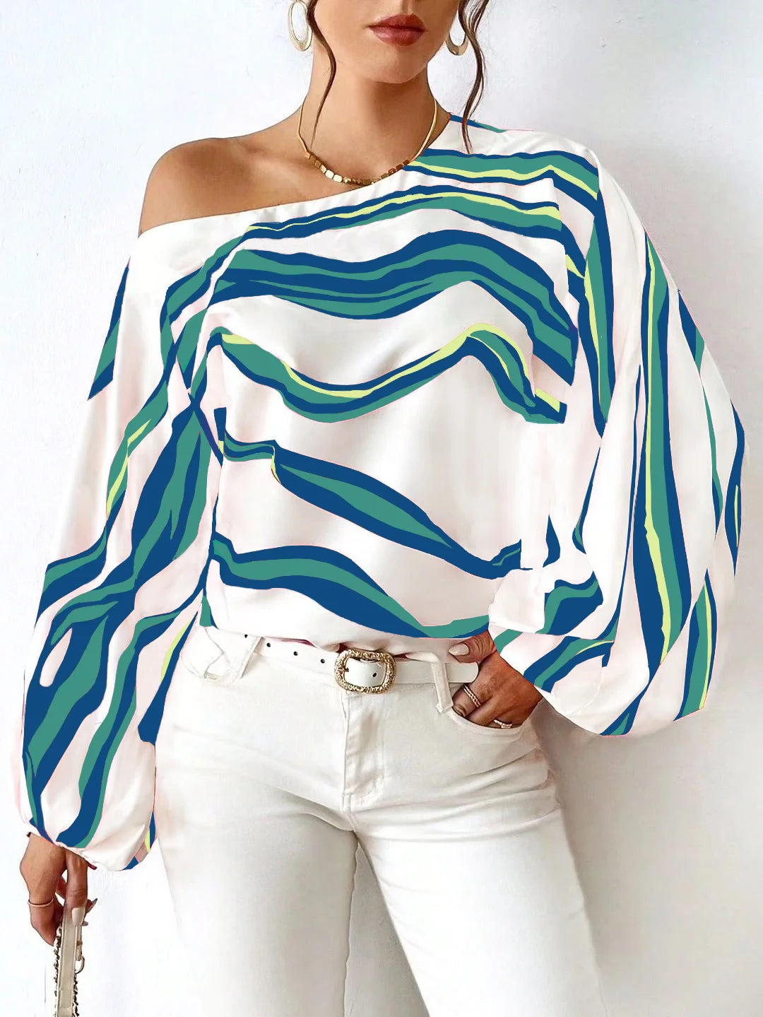 New Style Temperament Off Shoulder One Neck Fashionable Printed Loose Women's Shirt