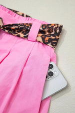 Leopard Contrast Sash Belt Pleated Wide Leg Shorts