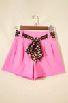 Leopard Contrast Sash Belt Pleated Wide Leg Shorts