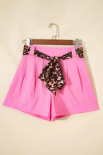 Leopard Contrast Sash Belt Pleated Wide Leg Shorts