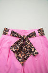 Leopard Contrast Sash Belt Pleated Wide Leg Shorts