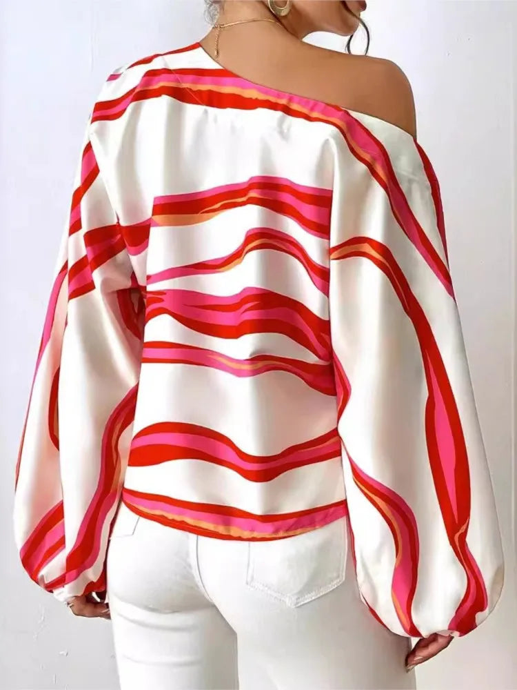 New Style Temperament Off Shoulder One Neck Fashionable Printed Loose Women's Shirt
