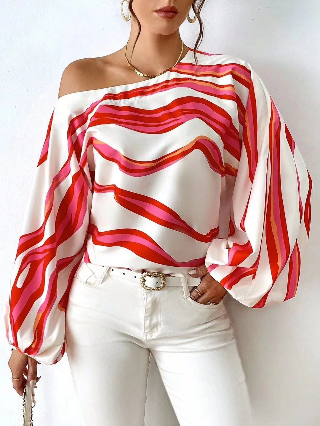 New Style Temperament Off Shoulder One Neck Fashionable Printed Loose Women's Shirt