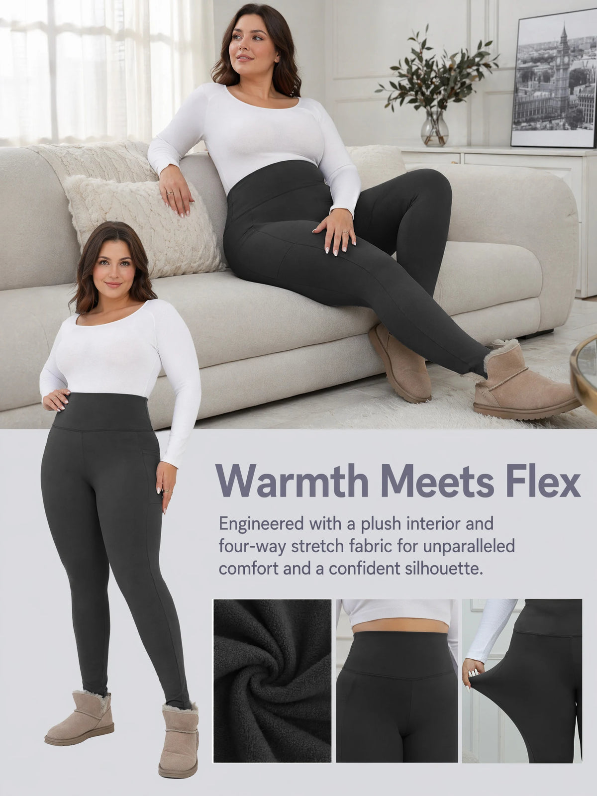 Plus Size Fleece Lined Leggings Women -Stretchy Large-5X Warm Winter Yoga Pants Thermal Leggings Winter Yoga Pants with Pockets