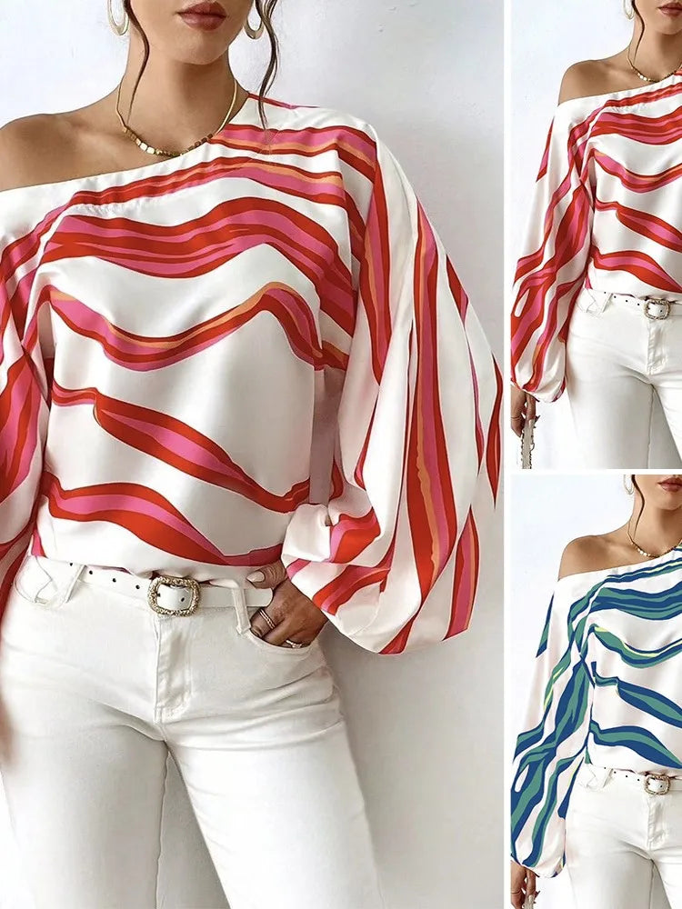 New Style Temperament Off Shoulder One Neck Fashionable Printed Loose Women's Shirt