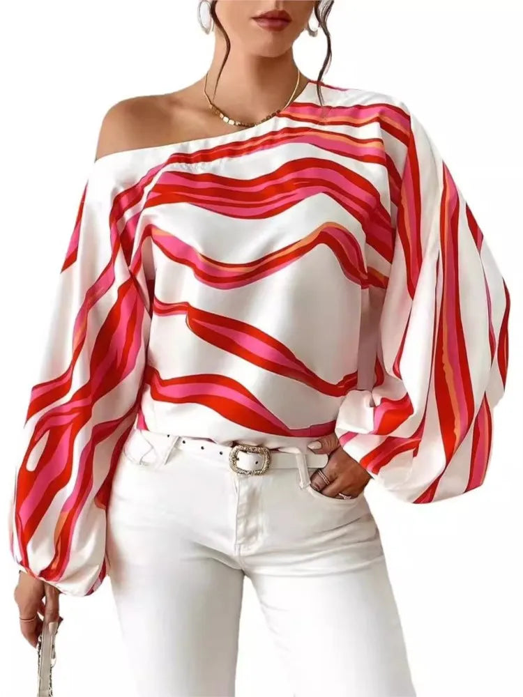 New Style Temperament Off Shoulder One Neck Fashionable Printed Loose Women's Shirt