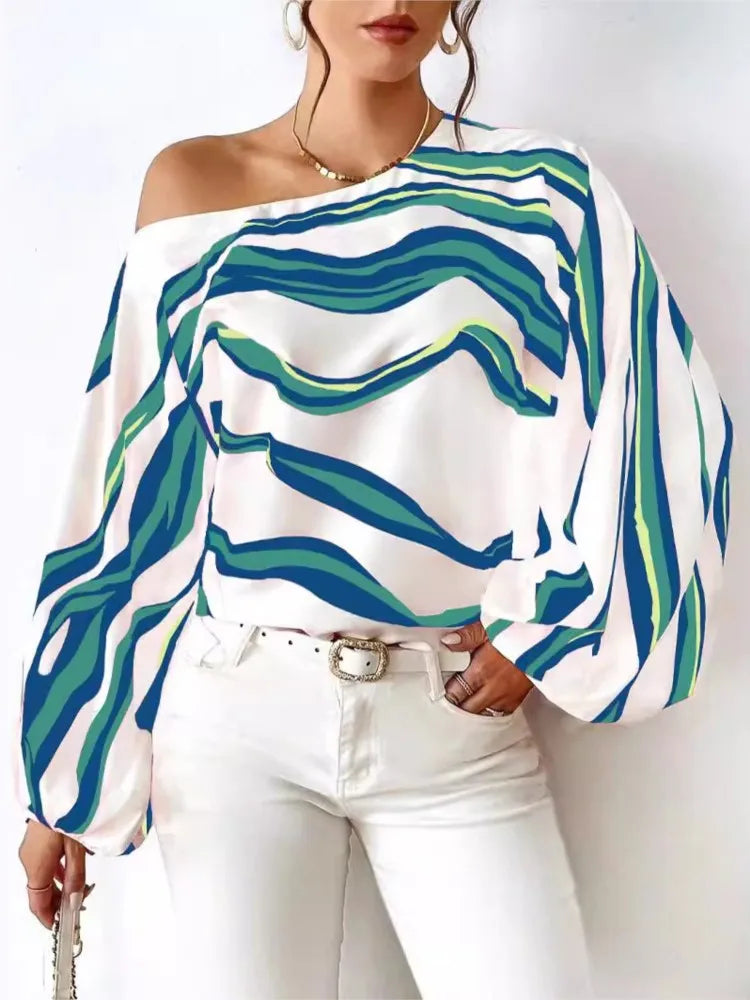 New Style Temperament Off Shoulder One Neck Fashionable Printed Loose Women's Shirt