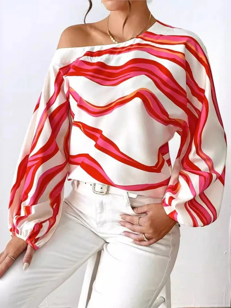 New Style Temperament Off Shoulder One Neck Fashionable Printed Loose Women's Shirt