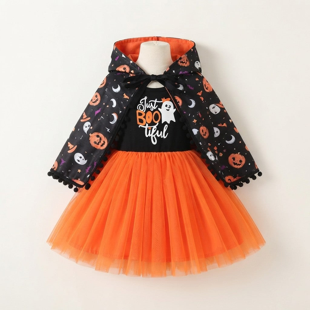 Children's Halloween Ghost Dress and Hooded Cape Set
