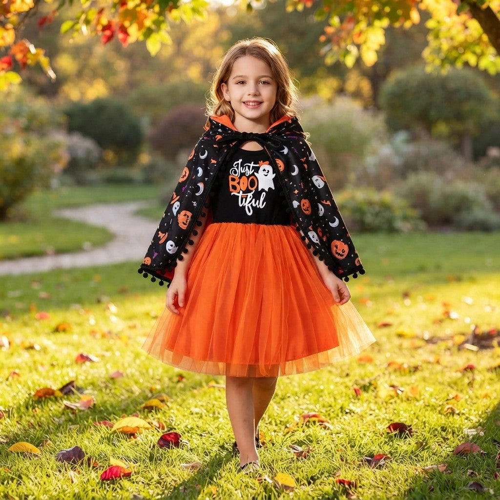 Children's Halloween Ghost Dress and Hooded Cape Set
