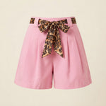 Leopard Contrast Sash Belt Pleated Wide Leg Shorts