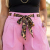 Leopard Contrast Sash Belt Pleated Wide Leg Shorts