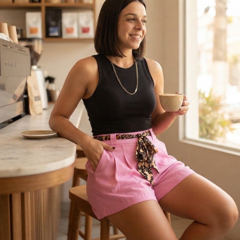 Leopard Contrast Sash Belt Pleated Wide Leg Shorts
