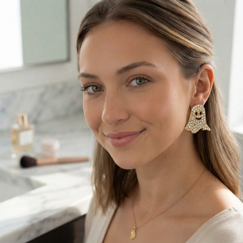 Gold-Plated Rhinestone Ghost Earrings